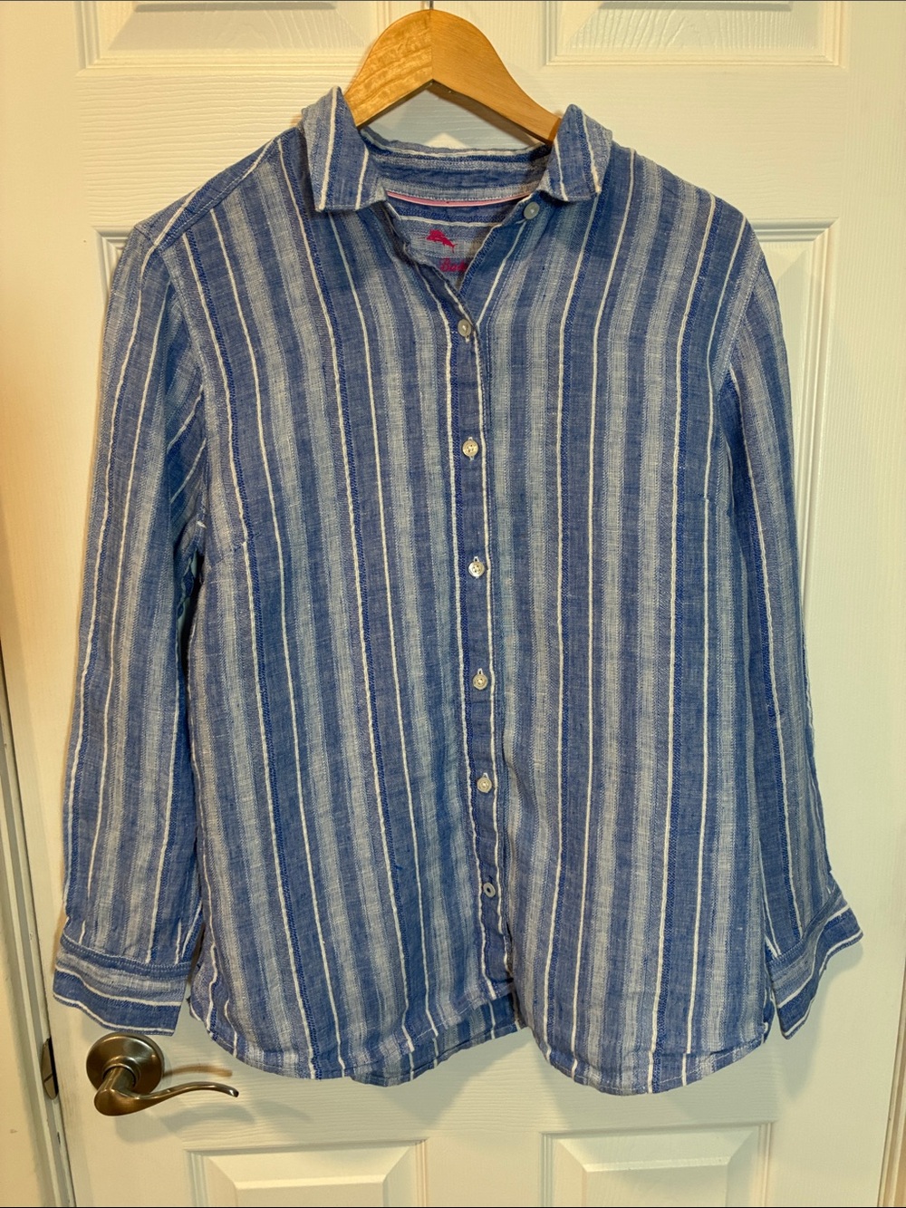 Tommy Bahama Blue and White Striped Linen-Blend Button Down Shirt